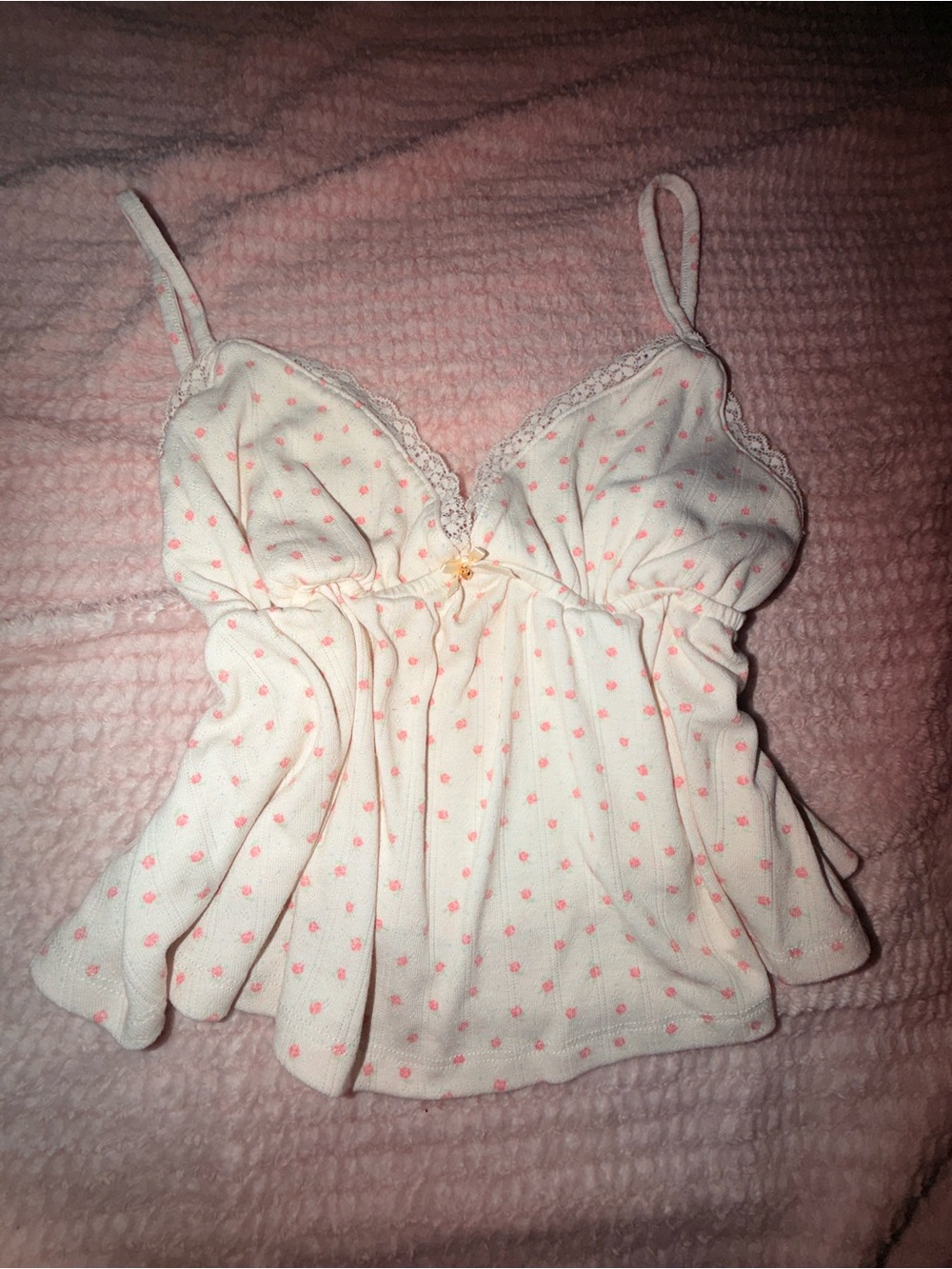 Pink Rose Cream Camisole with Pink floral Print and blue dots - Picture 1 of 8